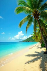Golden sand, vibrant blue sea, lush coconut grove, relaxing, vacation