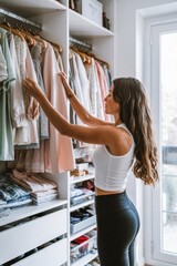 A fashion-forward woman admires her extensive wardrobe, filled with trendy outfits and elegant pieces in a luxurious closet.