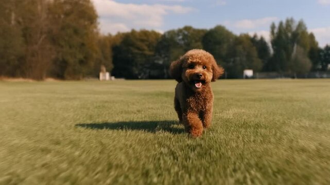 Smiling brown toy poodle running