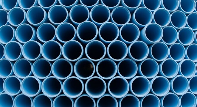 blue wide long sewer pipe tube network creating a stack pattern	