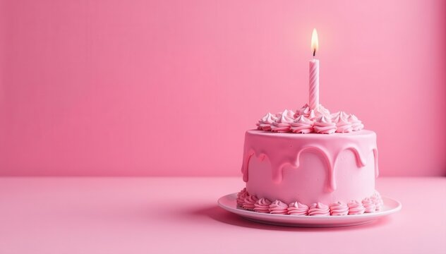 Pink frosted birthday cake, pink background, ample copy space , pastel pink, holiday