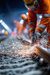 Male worker doing welding on railway track