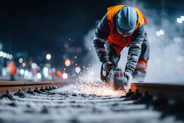 Male worker doing welding on railway track