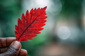 Close view of hand holding red leaf