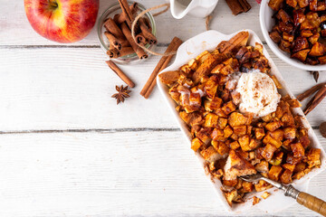 Sweet breakfast Apple pie french toasts baked casserole. Tasty delicious Stuffed French Toast cake...