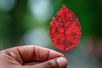 Close view of hand holding red leaf