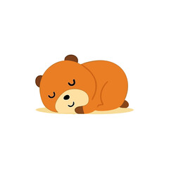 Cute, orange animal, lying down, sleeping.  Simple, cartoon style.  Small, dark brown eyes and nose.  Light orange/beige ground