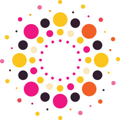 Colorful abstract circle pattern with scattered dots on white background