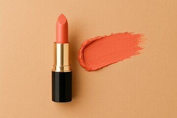 Elegant Coral Lipstick Mockup with Smudge on Peach Background