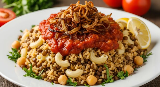 special delicious egyptian koshari meal with noodles, spaghetti and lentil