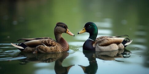 Obraz premium Serene water, elegant brown & black ducks afloat , graceful, ducks, royalty-free