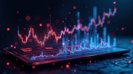 Digital tablet with a futuristic holographic graph floating above, depicting a growing trend in technology stocks. The background is a sleek, dark office. Generative AI
