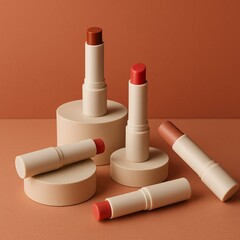 Elegant Makeup Mockup with Assorted Lipstick Shades in Minimalist Setting