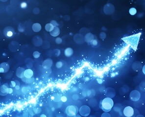 A graph with an upward trend on a blue light background, small bright dots and white lines create a line representing increasing business performance.