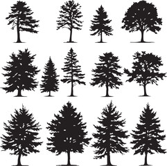 Fototapeta premium Vector EPS File Featuring 12 Unique Black Tree Silhouettes for Nature-Inspired Design, Botanical Clipart, and Illustration Projects