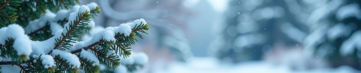 Snow-dusted evergreen branches, creating a serene winter scene, scenic, photography