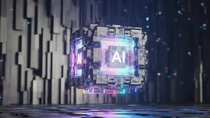 futuristic AI core cube hovers in a high-tech environment, glowing with vibrant neon lights. 4K footage