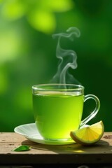 Steaming green tea, lemon wedge, lush backdrop , macro, zen