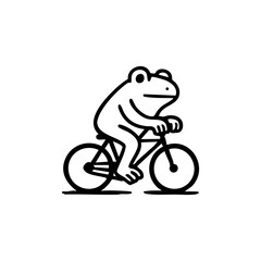 A stylized black and white illustration of a frog riding a bicycle.  The frog is depicted in a simple, cartoonish style, with large eyes and a small mouth. The bicycle is a basic outline