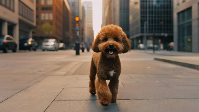 Smiling brown toy poodle walking through a big city