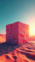 Sun-bleached cube in impossibly twisted desert, landscape, barren