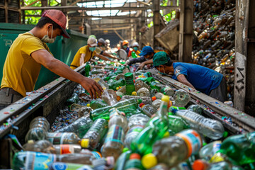 Close-up of gloved hands on a conveyor belt sorting and recycling various waste types, including plastic bottles, glass, and other refuse.