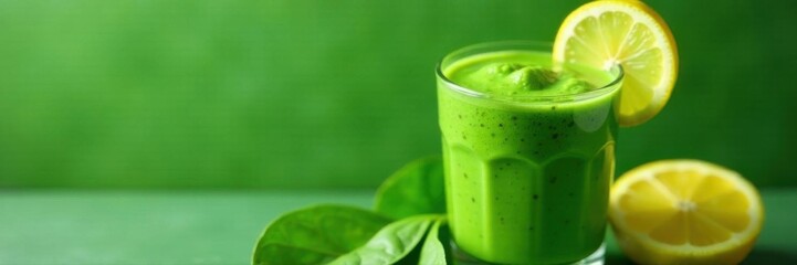 Thick spinach smoothie, bright lemon slice, green backdrop , quick, vegetable, color