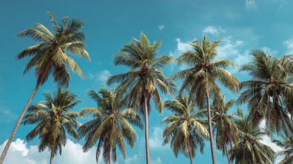 A group of tall coconut palm trees under clear blue sky, evoking summer vibes, tropical atmosphere, relaxing scenery, perfect for vacation, beach, and nature concepts.