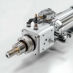 Pneumatic gripper holding mechanical part over white surface