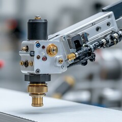 Pneumatic gripper holding mechanical part over white surface