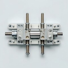 Pneumatic gripper holding mechanical part over white surface
