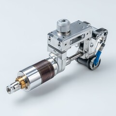Pneumatic gripper holding mechanical part over white surface