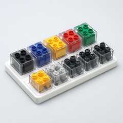 Modular factory control blocks on white desk with white background