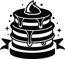 Stylized black and white illustration of a dripping cake with a ribbon