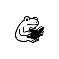 A simple black and white illustration of a frog holding a book