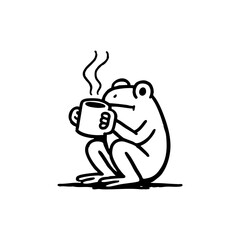 A simple black and white line drawing of a frog sitting and holding a coffee cup with steam rising from it