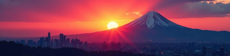 Vibrant sunrise illuminates cityscape, dark Mount Hood profile stands tall , beautiful, sunrise, panorama