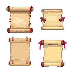 Pixel Art Scroll Collection with Ribbons, Fantasy Game Assets. Four distinct pixel art scrolls parchments, each meticulously rendered in a classic retro video game style pixel art