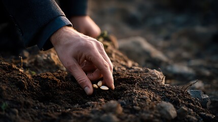 Close up of a person s hand planting seeds in dark rich soil during golden hour light