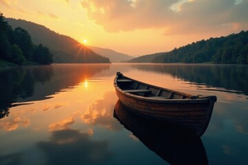 Weathered wooden boat gently floats on a tranquil lake at dawn, sunrise, photography