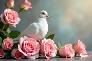 White dove perched on a delicate bow of pink roses , celebration, soft, pure
