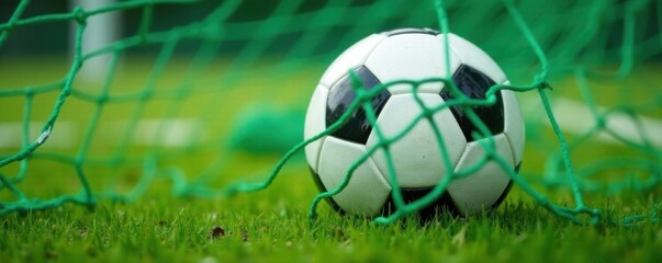 White soccer ball nestled in green net, close-up, triumph, equipment