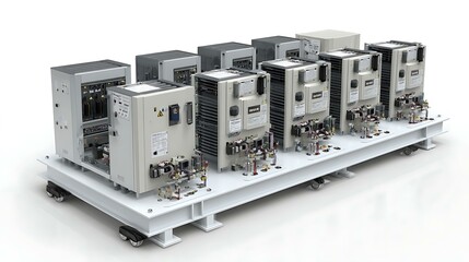 Industrial power supply units arranged on white platform