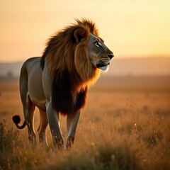 A Majestic Male Lion with a Fiery Mane Surveys the Golden Savanna at Sunset