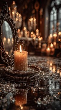 Vintage Candle Flickering in Dark Dusty Room with Cobwebs and Old Mirror &mdash; Spooky Halloween Background