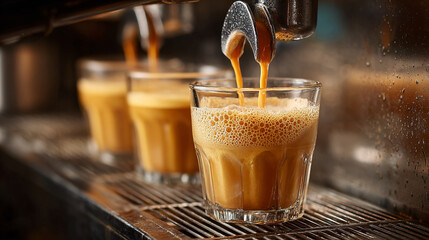 Brewing espresso in a cozy cafe setting with rich crema and warm ambiance