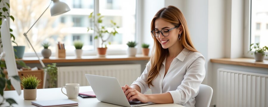 Confident female entrepreneur working at home office lifestyle image modern environment natural light - Powered by Adobe