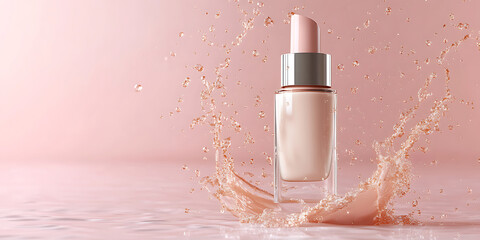 Elegant foundation bottle surrounded by splashing liquid with a soft pink background perfect for cosmetics and beauty products