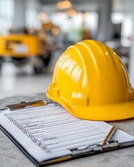 Factory safety checklist and hard hat placed on table with white background