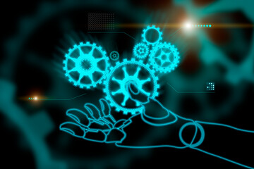Digital representation of artificial intelligence and technology combining gears with a robotic...